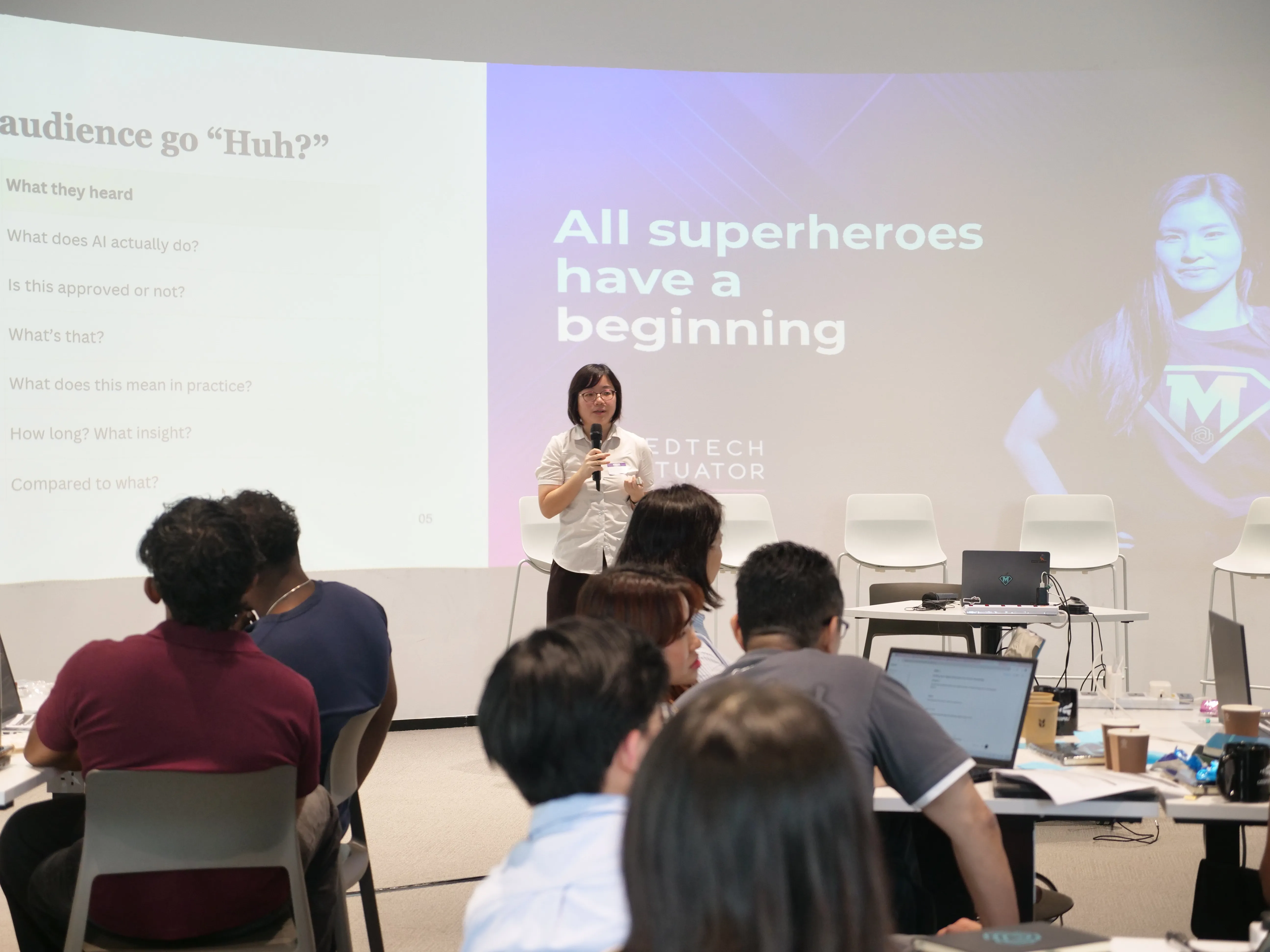 Zoey Fong presenting the science communication and storytelling workshop to founders at MedTech Actuator Origin 2026 in Singapore